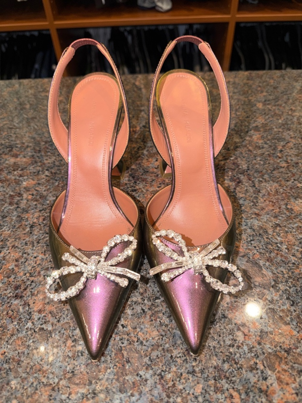 Amina Muaddi Iridescent Pink-Green Slingback Pumps with Crystal Bow